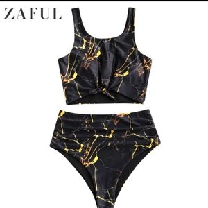 Zaful black marble print tie‎ high rise bikini